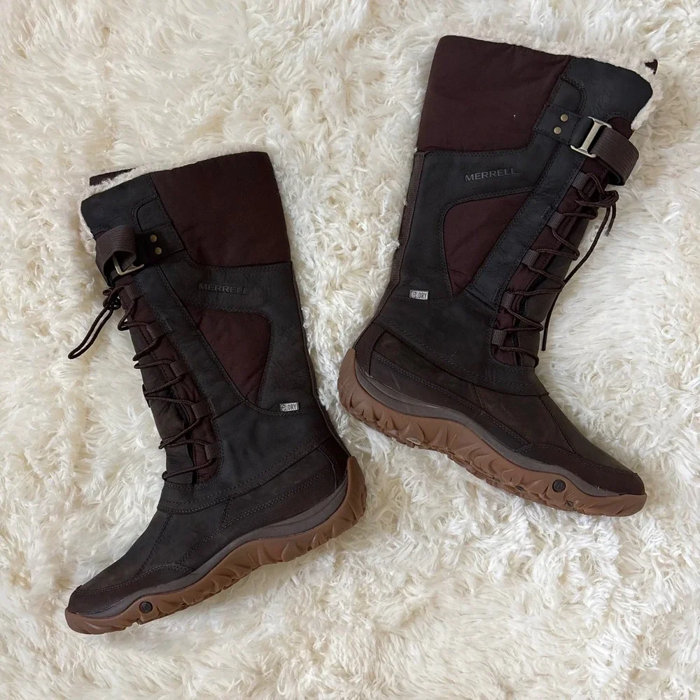 Merrell Bracken Waterproof Winter Boots Brown Leather Faux Fur J02160 Womens 9